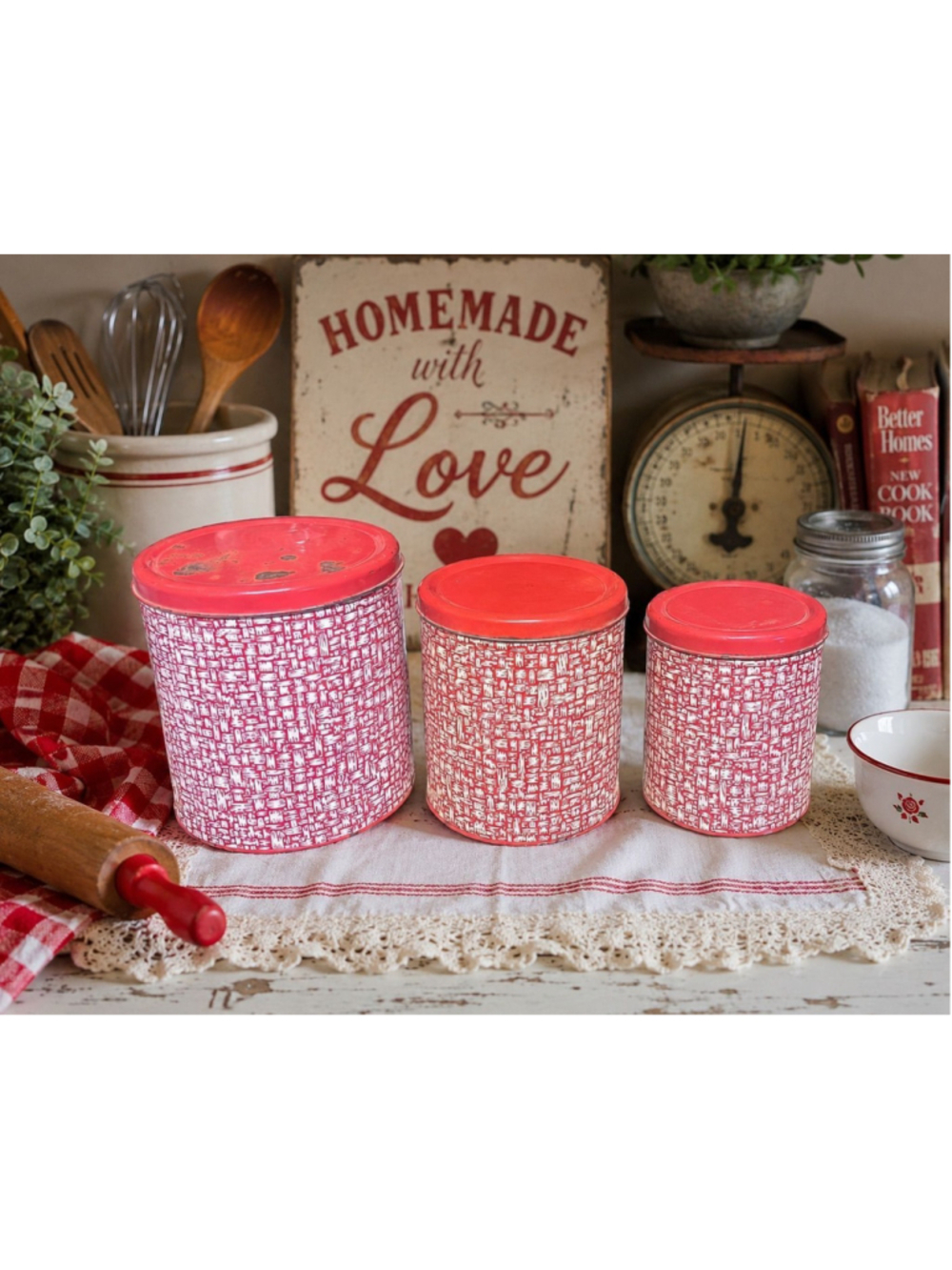 Vintage Parade Red & White Metal Canister Set | 3 Piece Mid Century Kitchen Deco